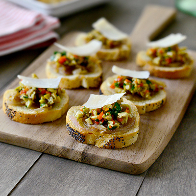 Green Olive & Garlic Carmelized Onion Tapenade Crostinis