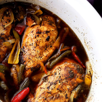 Light, easy, and perfect for weeknight dinners, or even game days, this flavorful chicken dish recipe is cooked in the crock pot to a tender perfection with vegetables and balsamic vinegar. #STARFineFoods