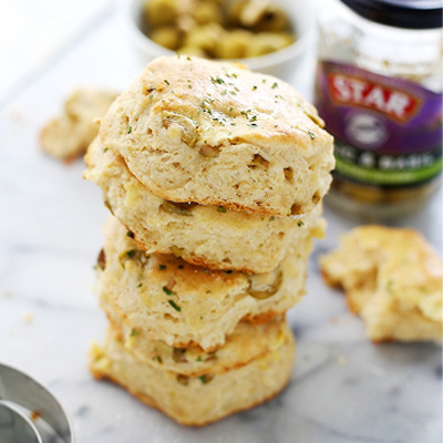 Light, fluffy, very easy to make biscuits baked in a skillet and stuffed with delicious STAR Flavor Destinations: Italian (Garlic & Basil) Marinated Olives! 25 minutes from start to finish! #STARFineFoods