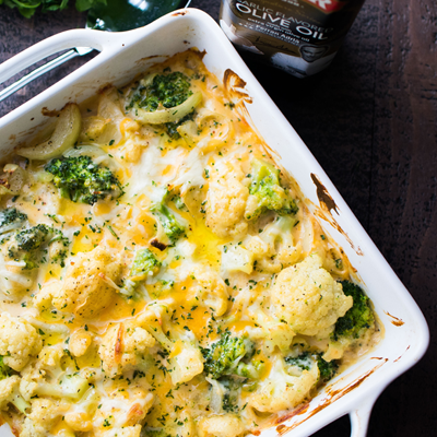 A quick and easy recipe - try this lighter version of the classic garlic and cheese cauliflower broccoli bake!  #STARFineFoods