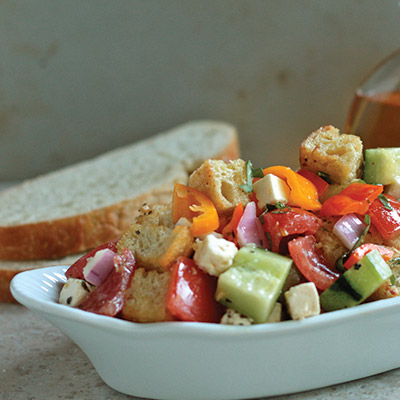 Bright colors and filled with healthy veggies, this Mediterranean Pepper Panzanella is the ideal appetizer for the hungry soul. #STARFineFoods