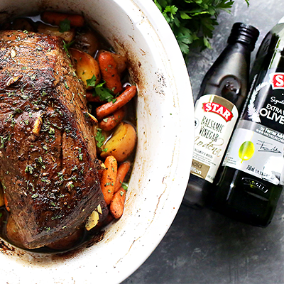 Melt in your mouth, tender Balsamic Pot Roast prepared in the slow cooker with potatoes and carrots! #STARFineFoods